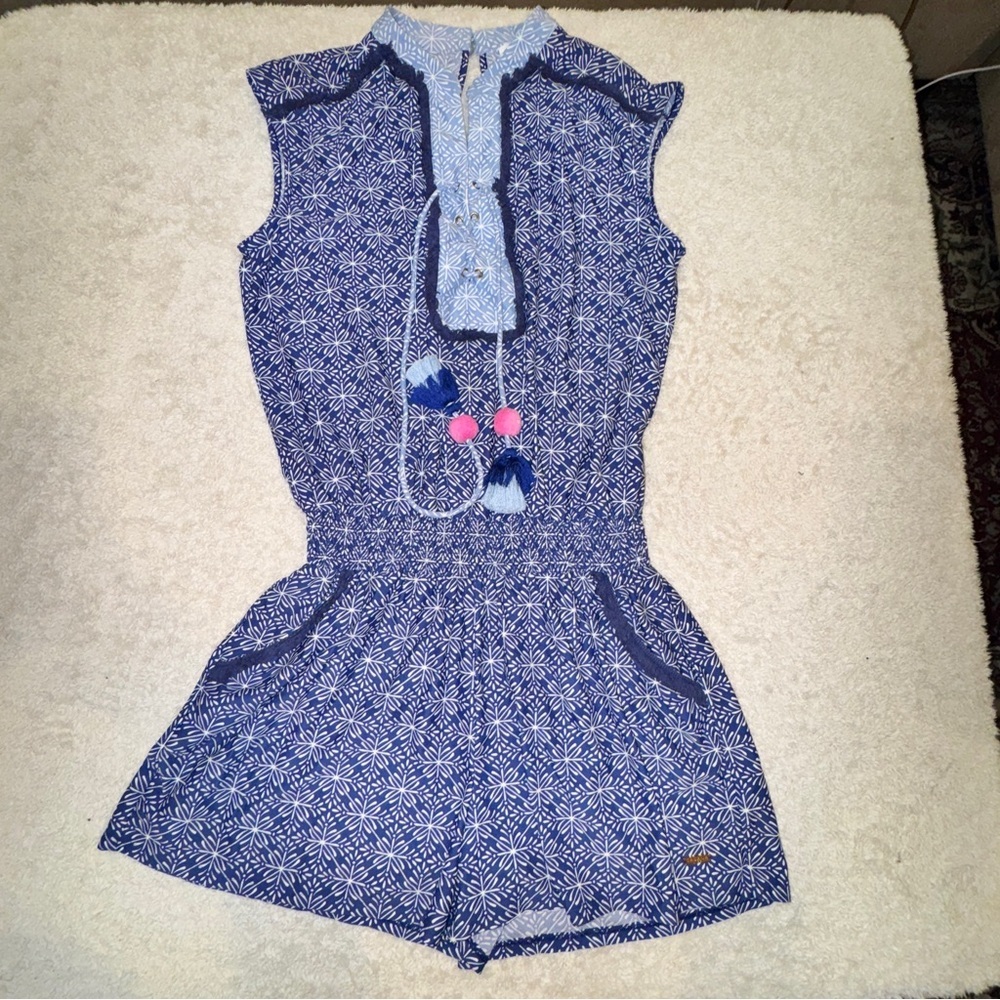 Cabana Life Navy Blue Printed Sleeveless Romper with Tassel Detail